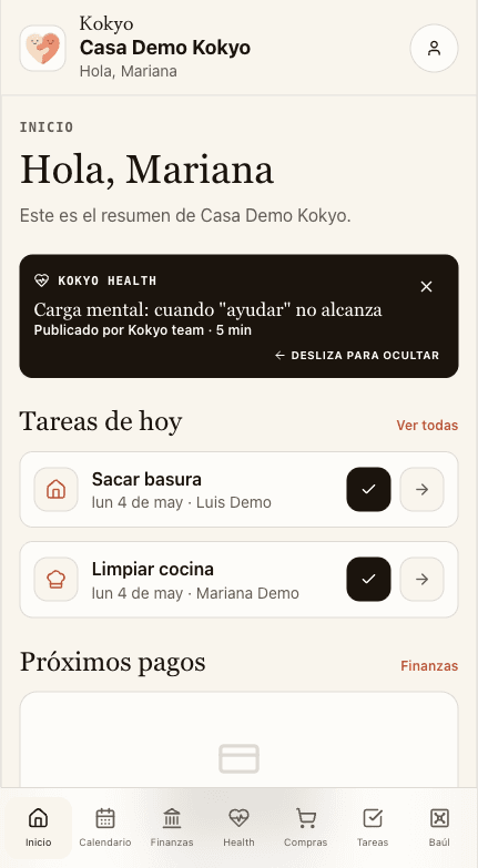 Pantalla principal de Kokyo con tareas, pagos y Kokyo Health.